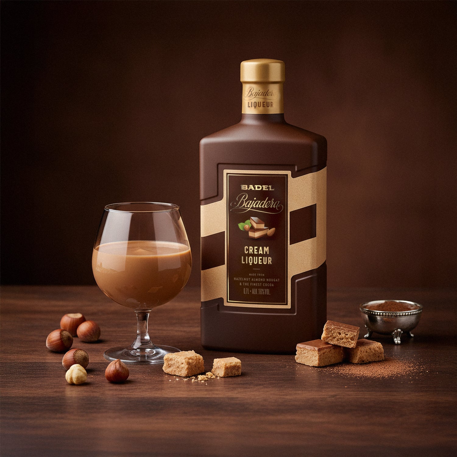 Eine Flasche Badel Bajadera Cremelikör, serviert in einem Glas neben Haselnüssen und Nougat-Stücken