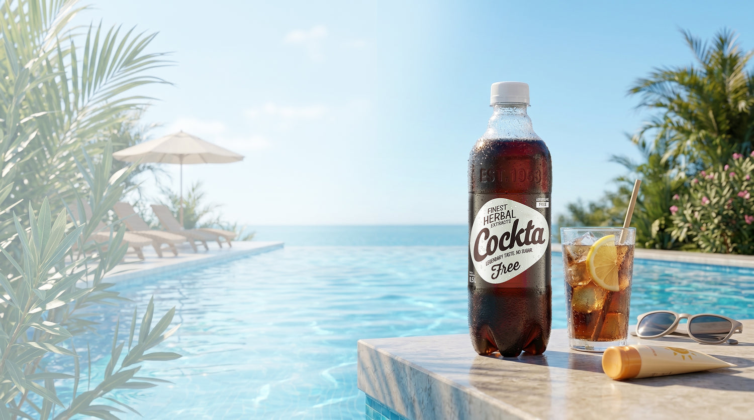 Cockta Free 0,5 L Flasche ohne Zucker am Pool mit Glas Eiswürfel, Zitrone, Sonnenbrille und Sonnencreme