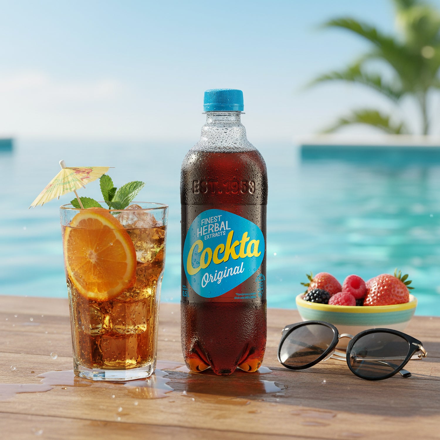 Eiskalte Cockta Original Kräuterlimonade als erfrischendes Sommergetränk in einem Glas mit Orange und Minze am Pool