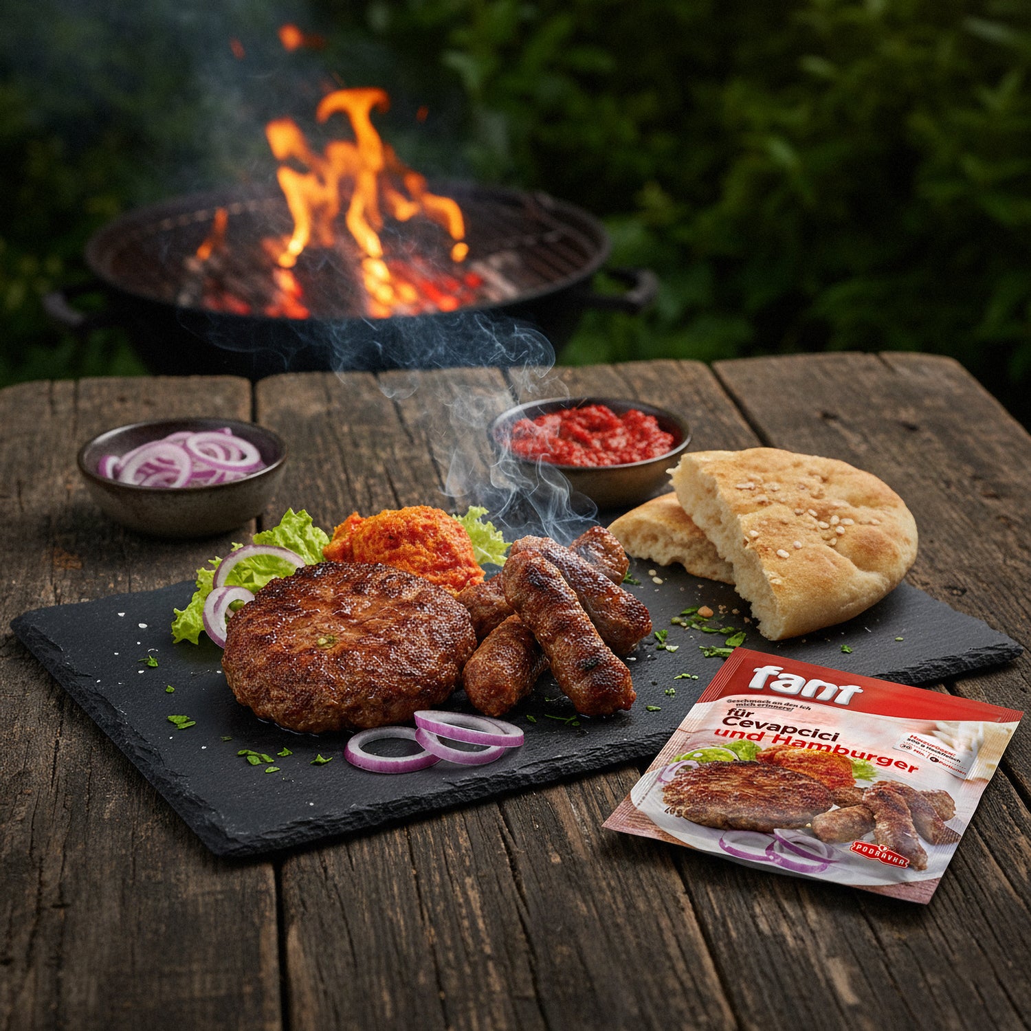 Sommerlicher Grillteller mit Ćevapčići und Hamburger, zubereitet mit Fant, serviert mit Ajvar und Fladenbrot vor einem Grill