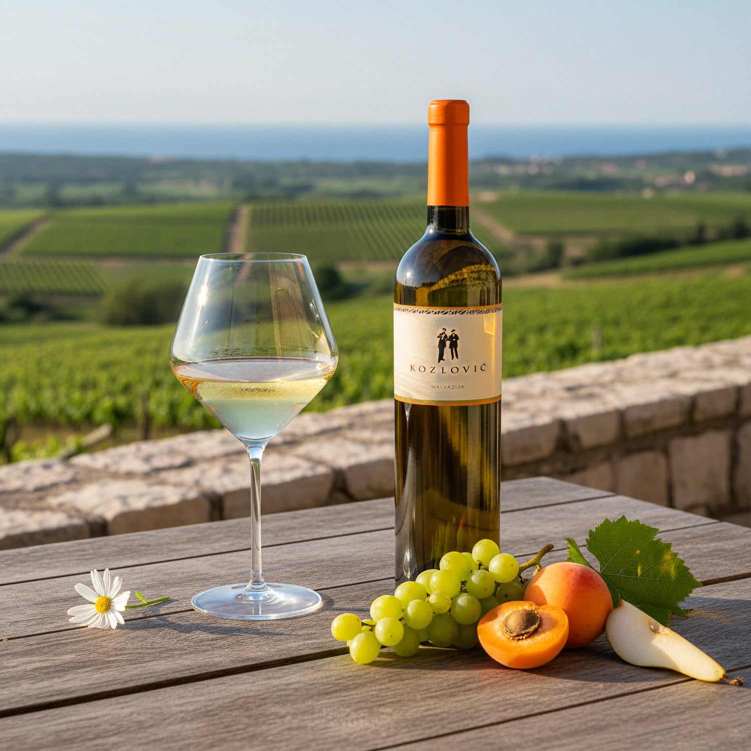Flasche und Glas Kozlović Malvazija Weißwein auf einem Tisch mit Trauben und Aprikosen, mit Blick auf die Weinberge Istriens