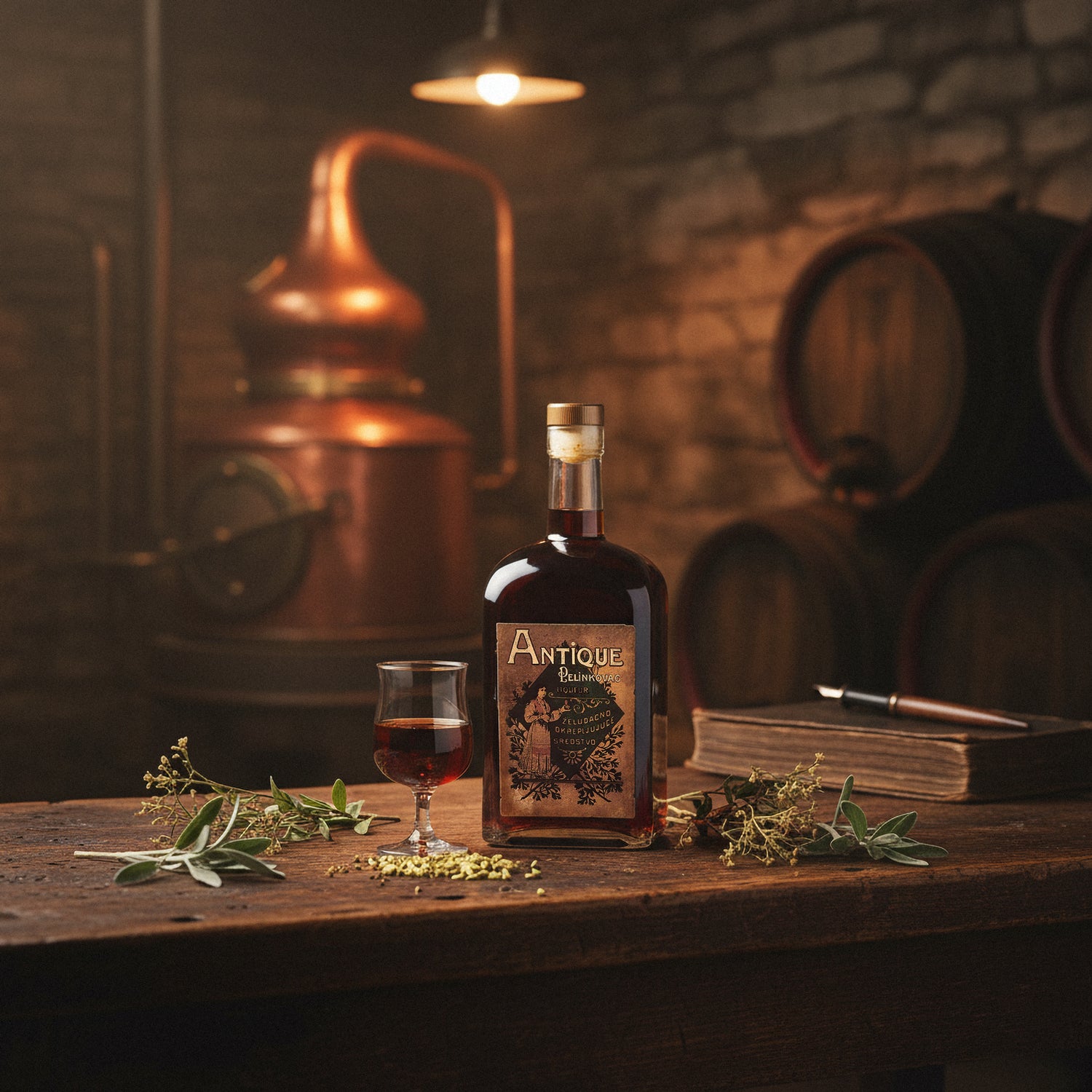 Eine Flasche des traditionellen Antique Kräuterlikörs auf einem Holztisch, umgeben von Kräutern in einer rustikalen Destillerie