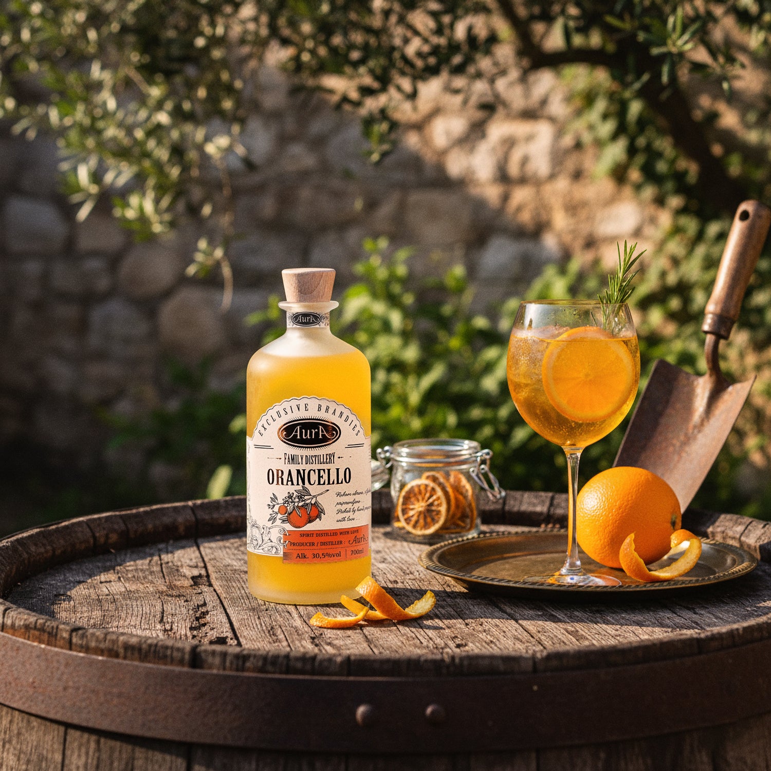 Stimmungsvolle Szene mit einer Flasche Aura Orancello und einem Orancello-Spritz Cocktail auf einem rustikalen Holzfass in einem sonnigen Garten