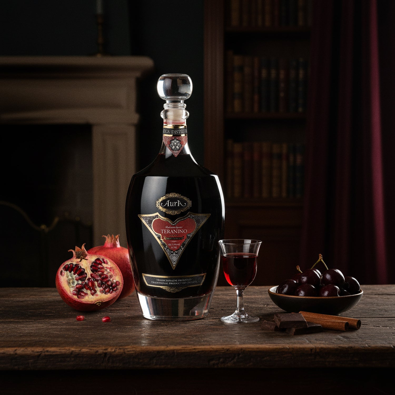 Eine Flasche Aura Teranino Rotweinlikör auf einem Holztisch, serviert in einem Glas neben frischem Granatapfel und Kirschen