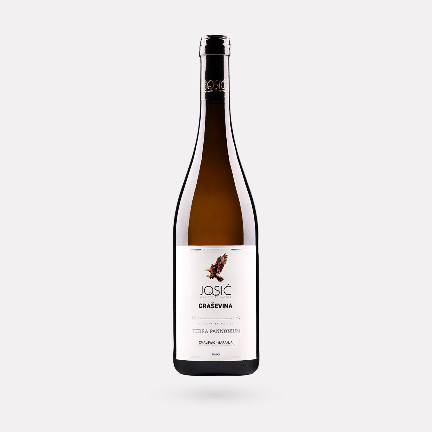 Freigestellte Flasche des Josić Graševina Weißweins (750ml) vor neutralem Hintergrund
