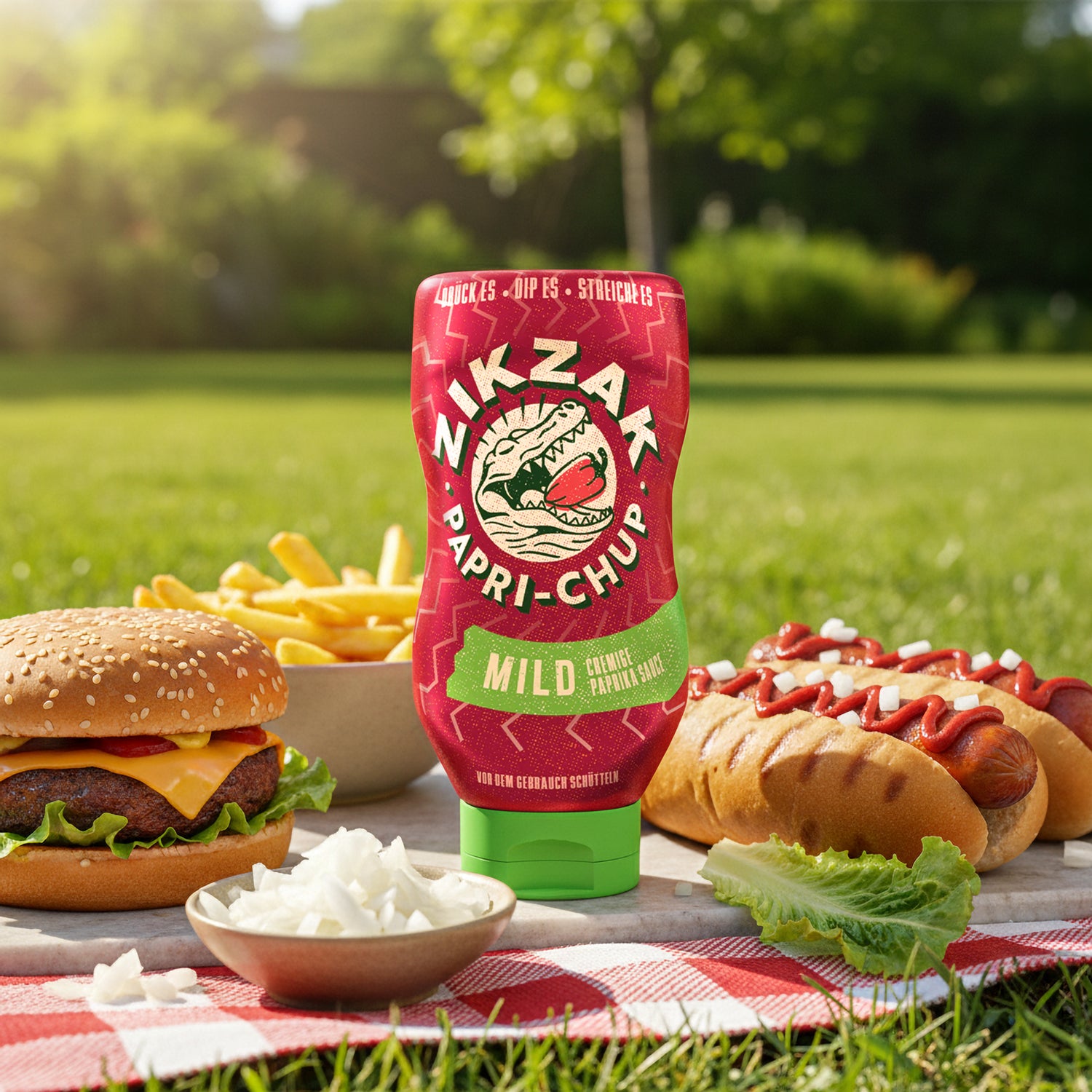 ZikZak Papri-Chup mild, eine cremige Paprika-Sauce, serviert zu einem Burger mit Pommes auf einer Picknickdecke