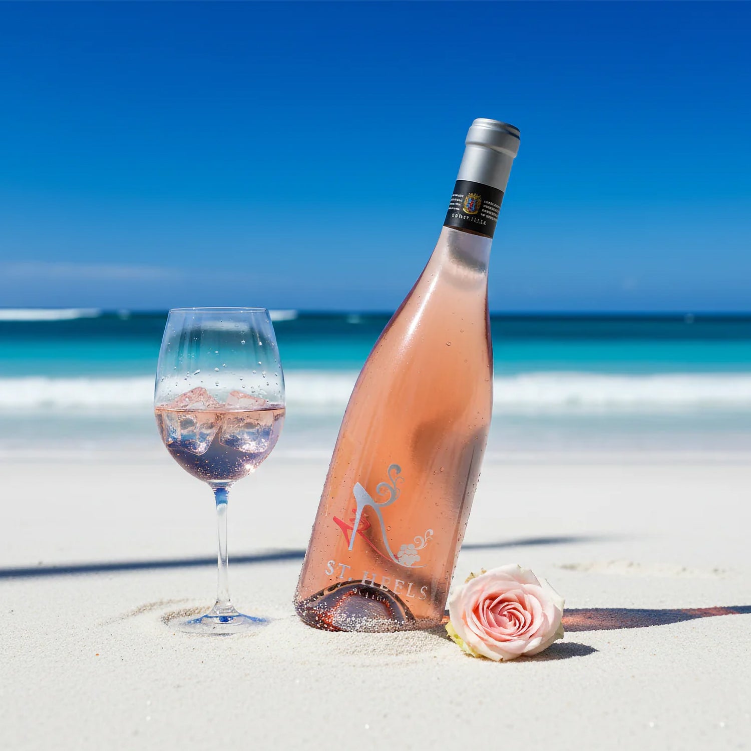 Gekühlte Flasche St. Heels Roséwein mit einem Glas im Sand an einem sonnigen Traumstrand