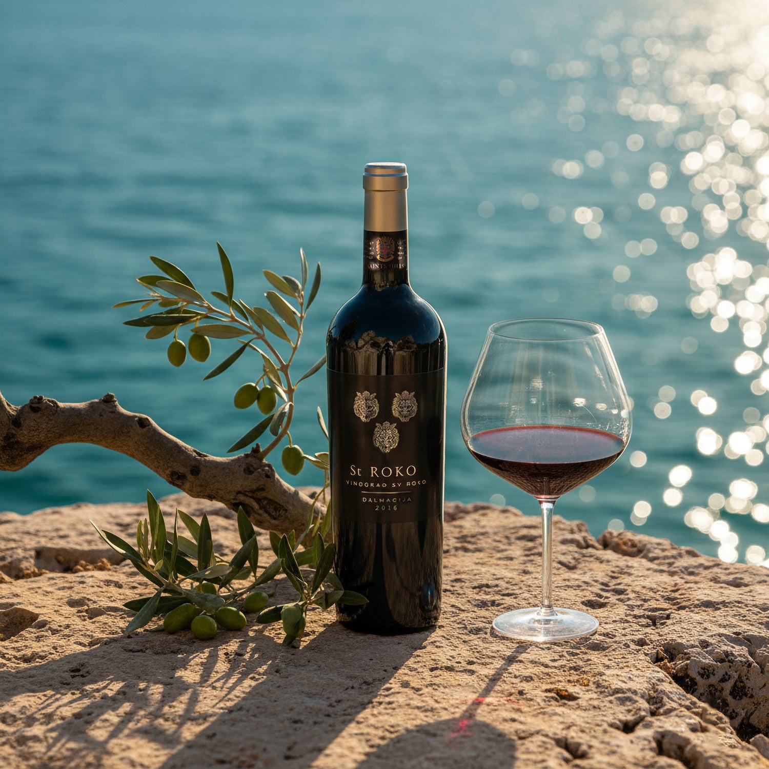 Saints Hills Sv. Roko Rotwein mit Weinglas und Olivenzweig auf einem Felsen mit Blick auf das glitzernde Adriatische Meer in Dalmatien