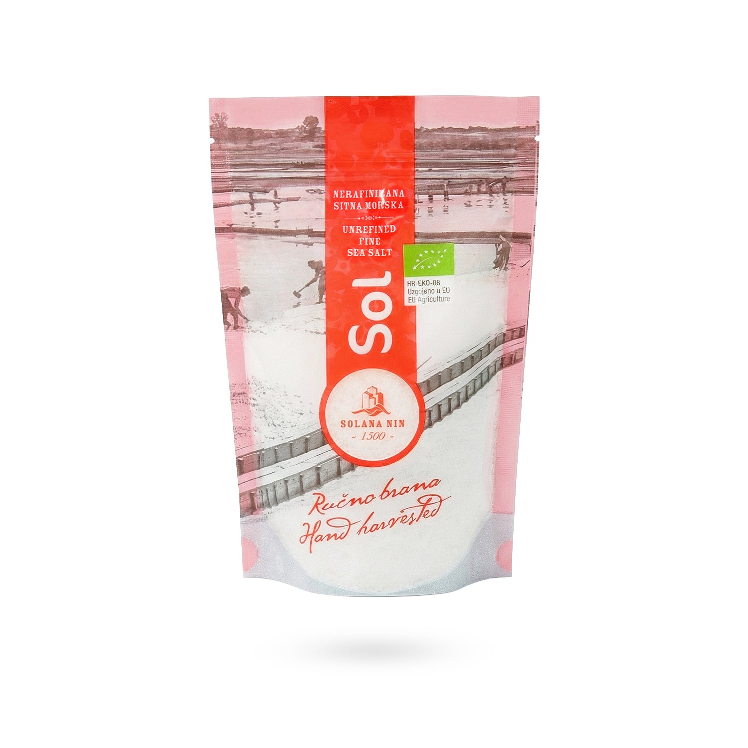 Solana Nin unraffiniertes feines Bio-Meersalz (500g), handgeerntet im Standbodenbeutel.