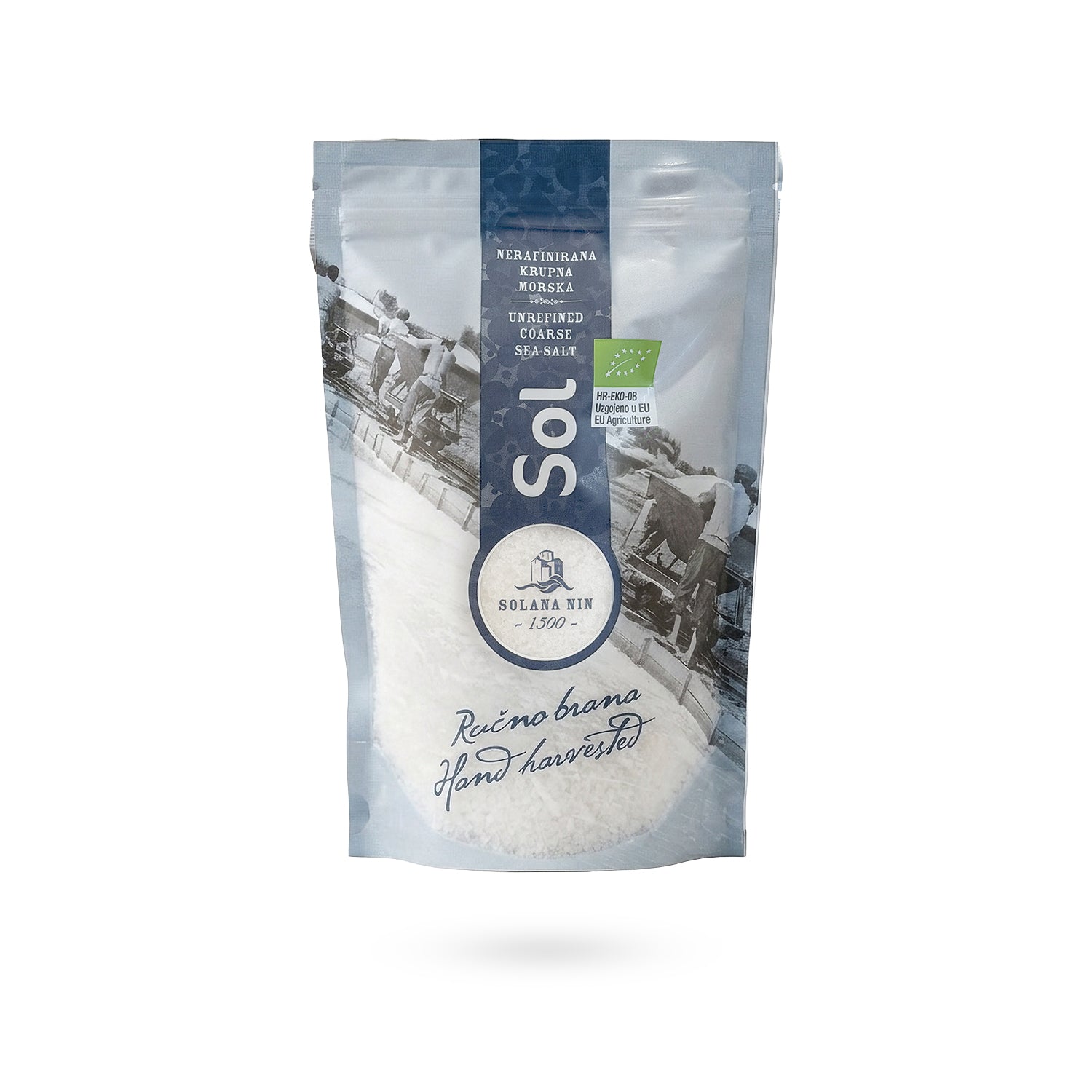 Solana Nin unraffiniertes grobes Bio-Meersalz (500g), handgeerntet im Standbodenbeutel.