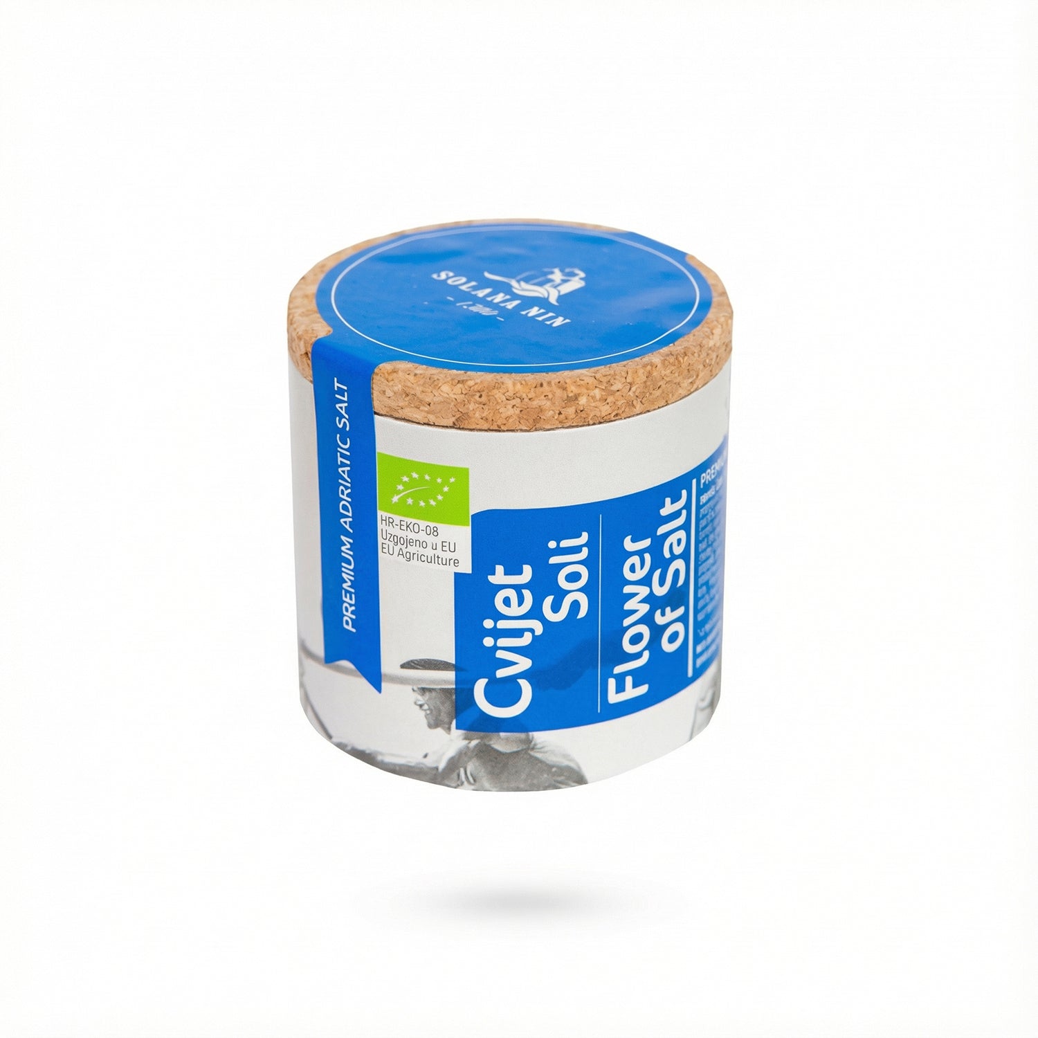 Solana Nin Bio Original Salzblume  (125g) in einer Dose mit Korkdeckel.